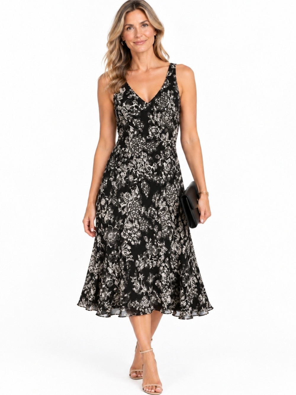 Ann Taylor LOFT 100% Silk Black & White Floral V-Neck Midi Dress Size 10 Office
